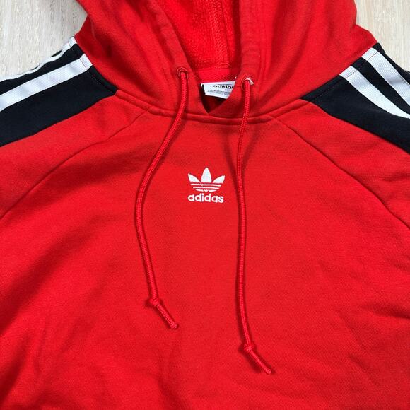 Adidas Red Hoodie Pullover Cropped Stripe Sleeve Leoflage Trefoil Sweater Large - Picture 3 of 15